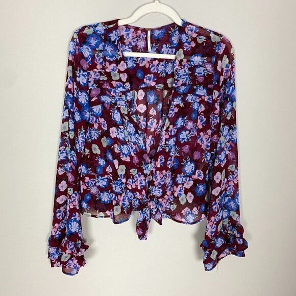 Free People Floral Maybel Blouse V Neck Long Sleeve Sheet Ruffle Shirt Womens M - Picture 3 of 8